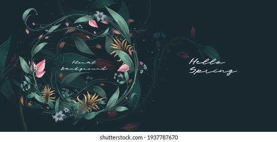 Floral wreath. Round frame made of flowers, leaves and plants. Vector illustration. Background for cards, covers, banners.