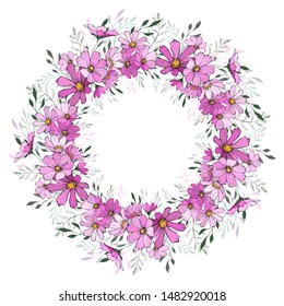 Floral wreath. Round frame with pink cosmos flower and green leaves. Hand drawn. Design for greeting card, wedding invitation. Vector.