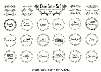 Floral wreath set. Hand drawn flourish frames. Dividers and borders. Herbal elements and flowers