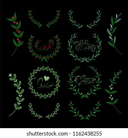 Floral wreath set with inspirational lettering Cool, Great, Happy, Nice. Nature vector illustration. Wedding laurel wreaths. Design elements for invitations, greeting cards, logos, prints, blogs.