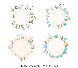 Floral wreath set isolated on white background. Spring flowers frames collection. Circle scribble border of bouquet. Vector flat hand drawn illustration.