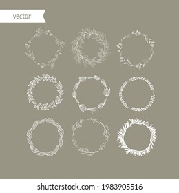 Floral wreath set of vector hand-drawn frames. Monogram. Wedding invitation design. Floral circle logo design. Laurel wreath. Tulip Wreath. Christmas wreath.