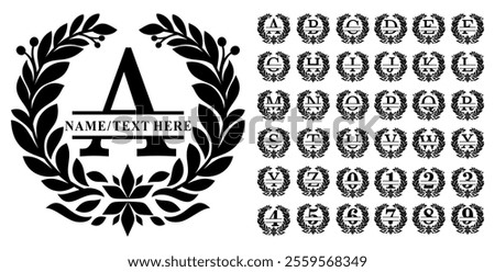 Floral Wreath Split Monogram Letters Set A to Z and Number 0 To 9, Family Name Signs
