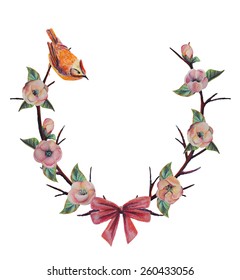 Floral wreath. Spring bird, cherry blossoms and bow. Floral vintage wreath. 