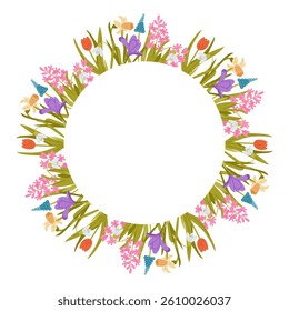 Floral wreath with spring flowers and green leaves forming circular frame on white background. Represents renewal, nature and seasonal celebration with space for text or design