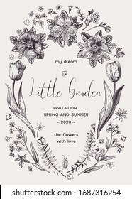 Floral wreath with spring flowers. Little garden. Vector botanical illustration. Wedding invitation. Black and white.