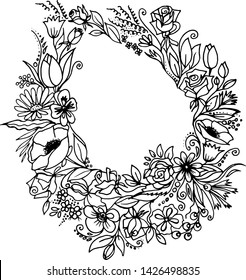Floral wreath with spring flowers. Vector vintage botanical illustration. Black and white.