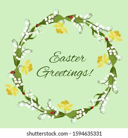 Floral wreath with spring flowers. Vector vintage botanical illustration. Lily of valley,narcissus and ladybird.Design for spring and easter cards with a welcome text .