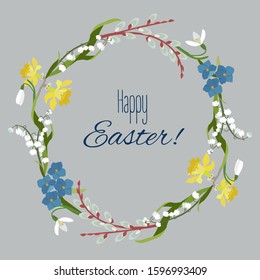 Floral wreath with spring flowers. Vector vintage botanical illustration. Lily of valley,narcissus and willow.Design for spring and easter cards with a welcome text .