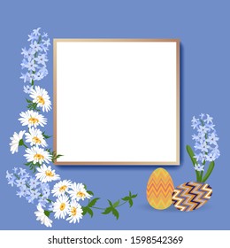 Floral wreath with spring flowers. Vector vintage botanical illustration. Hyacinth,chamomile and easter eggs, with frame for your text. Design for spring and easter cards.