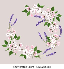 Floral wreath with spring flowers. Vector vintage botanical illustration. Cherry blossoms and lavender.Design for spring and easter cards.