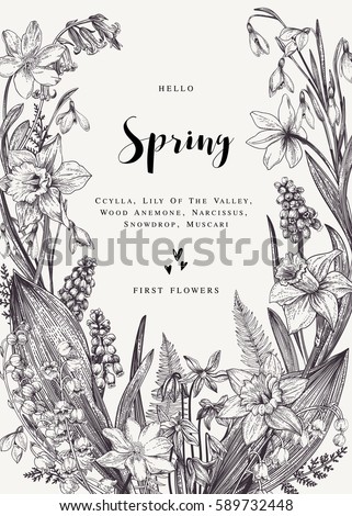 Floral wreath with spring flowers. Vector vintage botanical illustration. Black and white.
