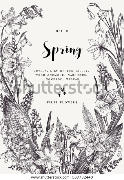春の花で花輪 ベクタービンテージ植物イラスト 白黒 のベクター画像素材 ロイヤリティフリー 589732448