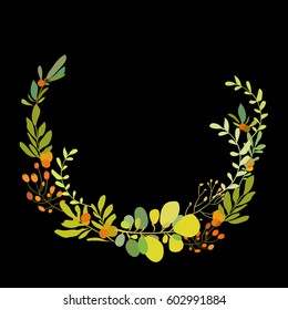 Floral wreath with spring summer orange flowers and green branches and leaves. Decorative floral round frame on black background. Can be used for save the date cards and wedding invitations.
