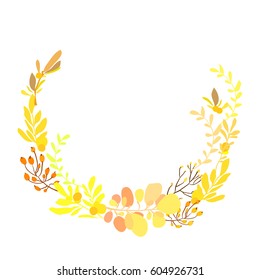 Floral wreath with spring summer yellow flowers branches and leaves. Decorative floral round frame. Can be used for save the date cards and wedding invitations.