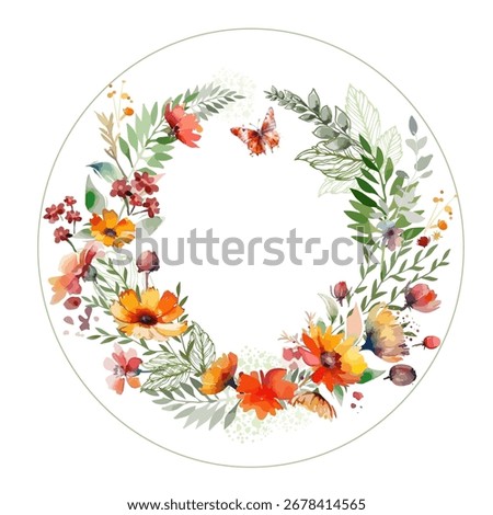 Floral wreath with spring summer yellow watercolor flowers branches and leaves. Decorative floral round frame. Can be used for save the date cards and wedding invitations. hand drawn. Not AI.