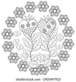 Floral wreath with stylized hearts on a white background. Coloring book doodles for children and adults