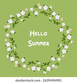 Floral Wreath Summer Illustration. Hand-drawn wreath made of small white and pink flowers with green leaves on a soft green background, flat cartoon style, summer theme.