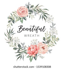 Floral wreath with text Beautiful. Pink flowers, forest green leaves, white background. Wedding invitation circle frame. Peony, rose. Vector illustration. Design template greeting card