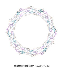 Floral wreath with thin branches. Botanical illustration isolated on white. Pastel colors. Great for greeting cards, wedding invitations, save the date, decorations, quote, etc. Vector