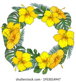 Floral wreath with tropical flowers and leaves. The illustration can be used for greeting and advertising templates. Vector illustration