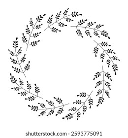 Floral wreath with twigs and leaves. Black and white vector illustration. Design for greeting card, poster, banner and logo with empty space for text