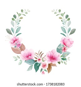 Floral wreath vector. Botanic decoration illustration of pink and peach sakura, leaves, branches. Botanic composition for wedding or greeting card design, logo, etc