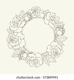 Floral Wreath Vector Design Element. Roses Outline On Beige Background.