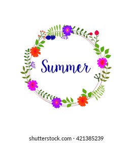 Floral wreath vector. hand drawn text summer