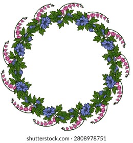 Floral wreath vector illustration with blue chicory and pink bleeding heart flowers