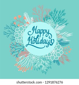Floral wreath. Vector illustration. Gentle mint background of branches, berries and leaves. Happy Holidays.