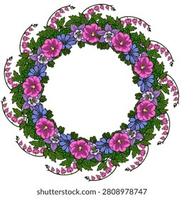 Floral wreath vector illustration with pink mallow, blue cornflower and bleeding heart flowers