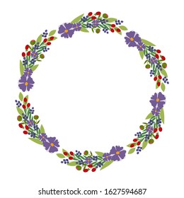 Floral wreath. Vector illustration. Purple flowers, red berries, green leaves. Design for invitations and greeting cards.