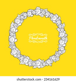 Floral wreath, vector illustration, roses and leaves, line design