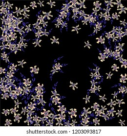 Floral Wreath. Vector Round Pattern with Small Wild Flowers for Wallpaper, Brochure, Placard. Floral Decoration for Wedding or Birthday Invitation. Colorful Design on Black Background.