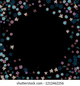 Floral Wreath. Vector Round Pattern with Tiny Wild Flowers for Print, Brochure, Poster. Floral Decoration for Wedding or Birthday Invitation. Trendy Design on Black Background.
