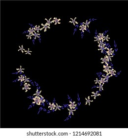 Floral Wreath. Vector Round Pattern with Small Wild Flowers for Card, Banner, Placard. Floral Decoration for Wedding or Birthday Invitation. Colorful Design on Black Background.