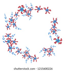 Floral Wreath. Vector Round Pattern with Tiny Wild Flowers for Wallpaper, Banner, Placard. Floral Decoration for Wedding or Birthday Invitation. Trendy Design on White Background.