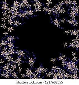 Floral Wreath. Vector Round Pattern with Tiny Wild Flowers for Card, Cover, Banner. Floral Decoration for Wedding or Birthday Invitation. Colorful Design on Black Background.