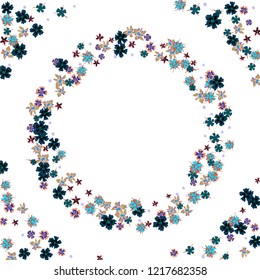 Floral Wreath. Vector Round Pattern with Small Wild Flowers for Wallpaper, Brochure, Placard. Floral Decoration for Wedding or Birthday Invitation. Trendy Design on White Background.