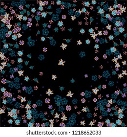 Floral Wreath. Vector Round Pattern with Small Wild Flowers for Card, Banner, Placard. Floral Decoration for Wedding or Birthday Invitation. Bright Design on Black Background.