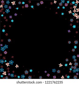 Floral Wreath. Vector Round Pattern with Tiny Wild Flowers for Card, Banner, Placard. Floral Decoration for Wedding or Birthday Invitation. Colorful Design on Black Background.