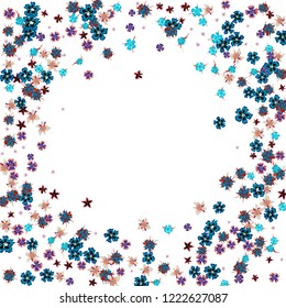 Floral Wreath. Vector Round Pattern with Tiny Wild Flowers for Card, Cover, Banner. Floral Decoration for Wedding or Birthday Invitation. Bright Design on White Background.