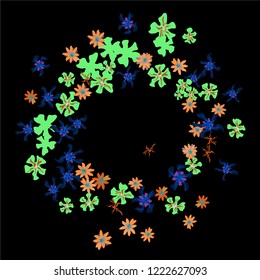 Floral Wreath. Vector Round Pattern with Tiny Wild Flowers for Wallpaper, Banner, Placard. Floral Decoration for Wedding or Birthday Invitation. Trendy Design on Black Background.