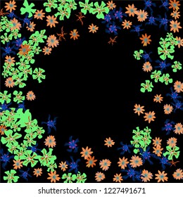 Floral Wreath. Vector Round Pattern with Small Wild Flowers for Print, Brochure, Poster. Floral Decoration for Wedding or Birthday Invitation. Trendy Design on Black Background.