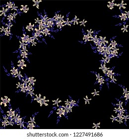 Floral Wreath. Vector Round Pattern with Small Wild Flowers for Wallpaper, Brochure, Placard. Floral Decoration for Wedding or Birthday Invitation. Bright Design on Black Background.