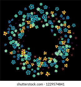 Floral Wreath. Vector Round Pattern with Little Wild Flowers for Print, Cover, Poster. Floral Decoration for Wedding or Birthday Invitation. Trendy Design on Black Background.
