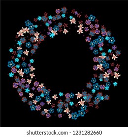 Floral Wreath. Vector Round Pattern with Tiny Wild Flowers for Wallpaper, Brochure, Placard. Floral Decoration for Wedding or Birthday Invitation. Trendy Design on Black Background.