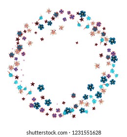 Floral Wreath. Vector Round Pattern with Tiny Wild Flowers for Wallpaper, Brochure, Placard. Floral Decoration for Wedding or Birthday Invitation. Colorful Design on White Background.