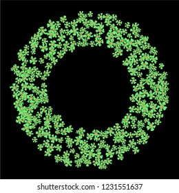 Floral Wreath. Vector Round Pattern with Tiny Wild Flowers for Card, Cover, Poster. Floral Decoration for Wedding or Birthday Invitation. Trendy Design on Black Background.